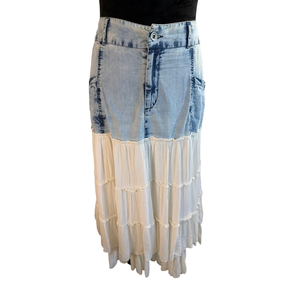 Sacred Threads Blue Tie-Dye Western Cottagecore Boho Tiered Ruffle Maxi Skirt XL